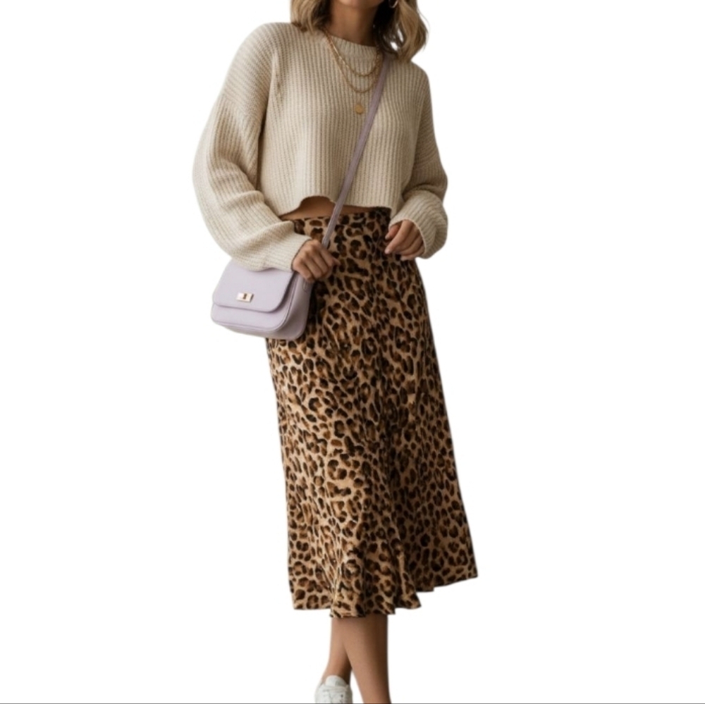 Vtg Nine & Co Leopard Cheetah Print A-Line Midi Skirt Sz 8